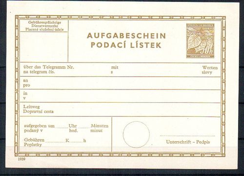 Telegrammaufgabeschein Besetzungungsausgabe Böhmen und Mähren TA 1 *