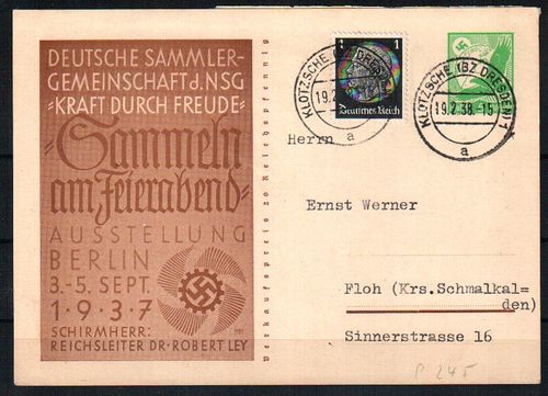 Ganzsache Deutsches Reich Mi. Nr. P 245 o / Zusatzfrankatur