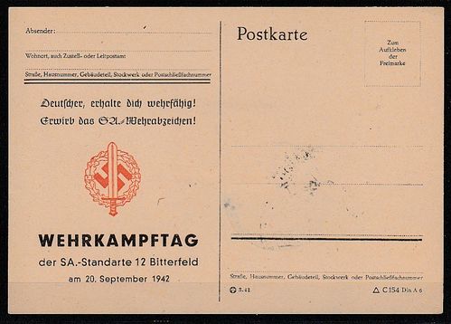 Postkarte " Wehrkampftag der SA-Standarte 12 Bitterfeld " 1942