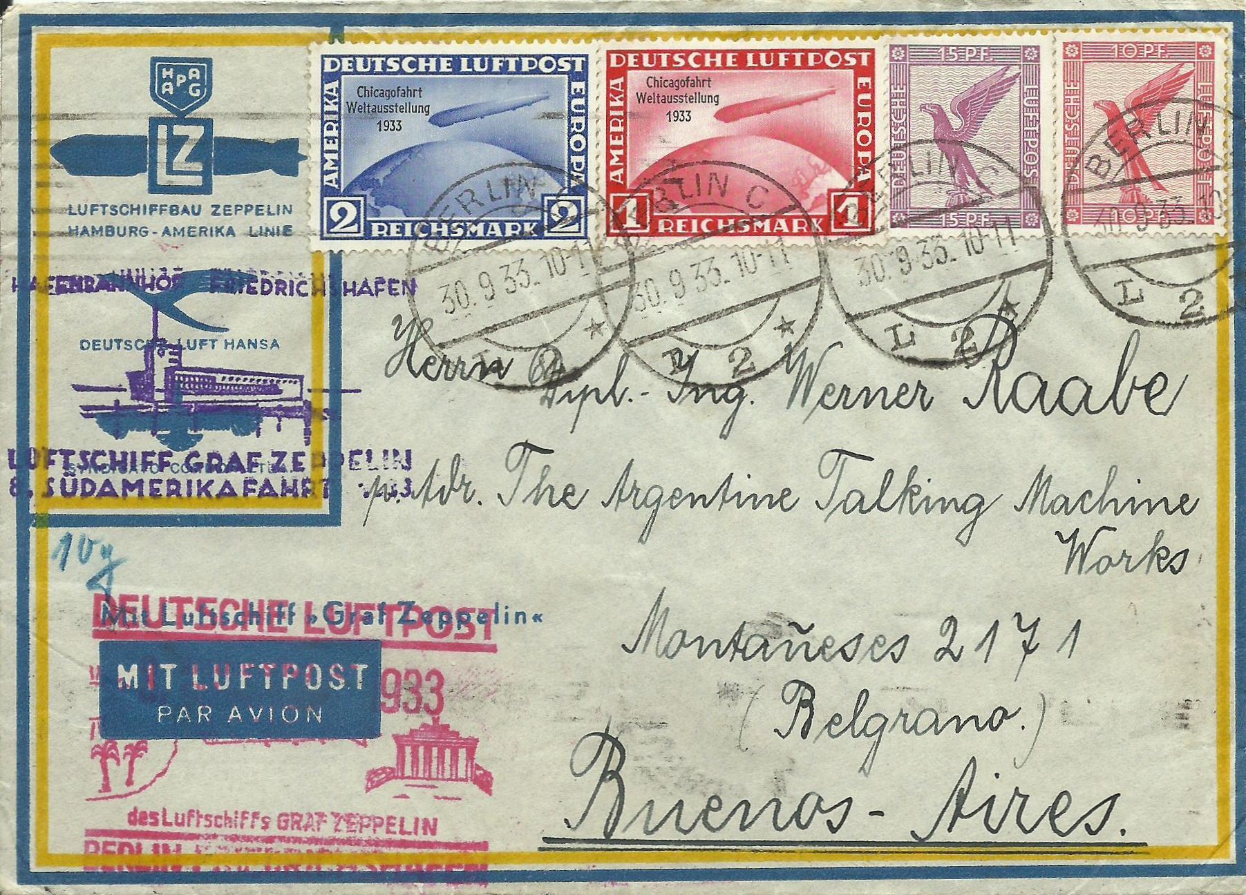 Flugpost mit Zeppelin nach Argentinien Buenos Aires 30.9.1933 mit der MiNr. 496-497,378,379