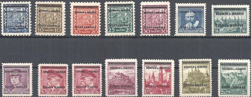 1939-Briefmarken-Boehmen-und-Maehren-Michel-1-16-Ueberdruck