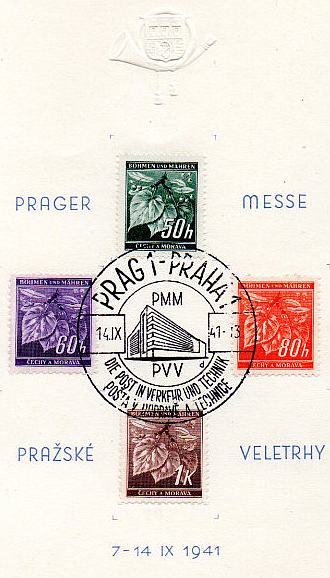 1941-Briefmarken-Boehmen-und-Maehren-Michel-75-78-Prager-Messe-Sonderstempel